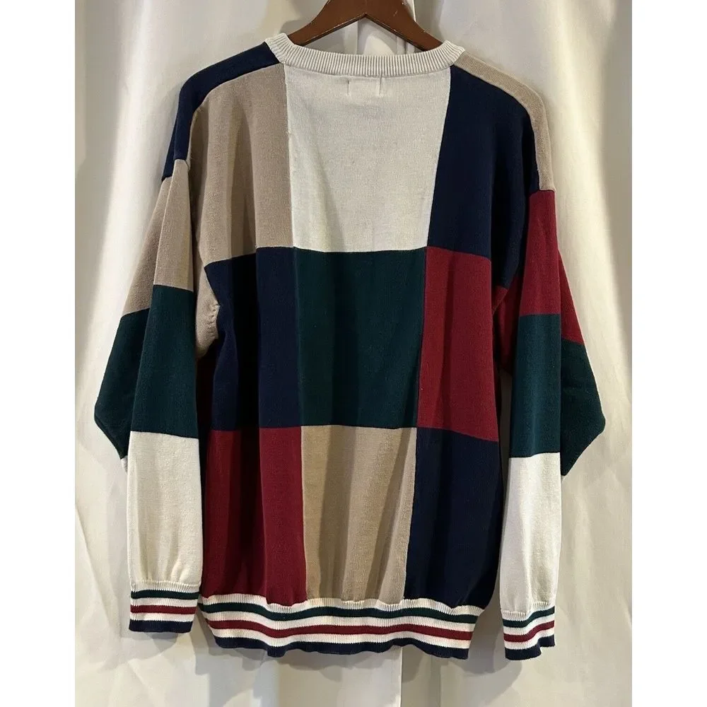 VINTAGE COTTON‎ TRADERS Sweater Mens XL Color Block Embroidered Golfer Grandpa